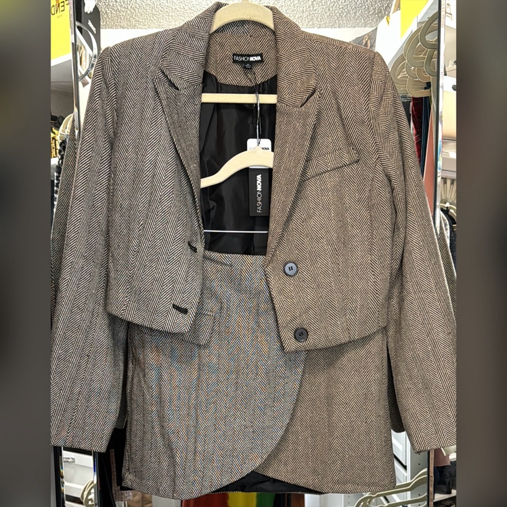 Two Piece Mini Skirt Suit | Brown